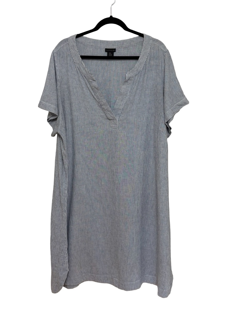 Tahari Linen Blend V Neck Popover Boxy Shirt Dress Blue and White Stripe 2X